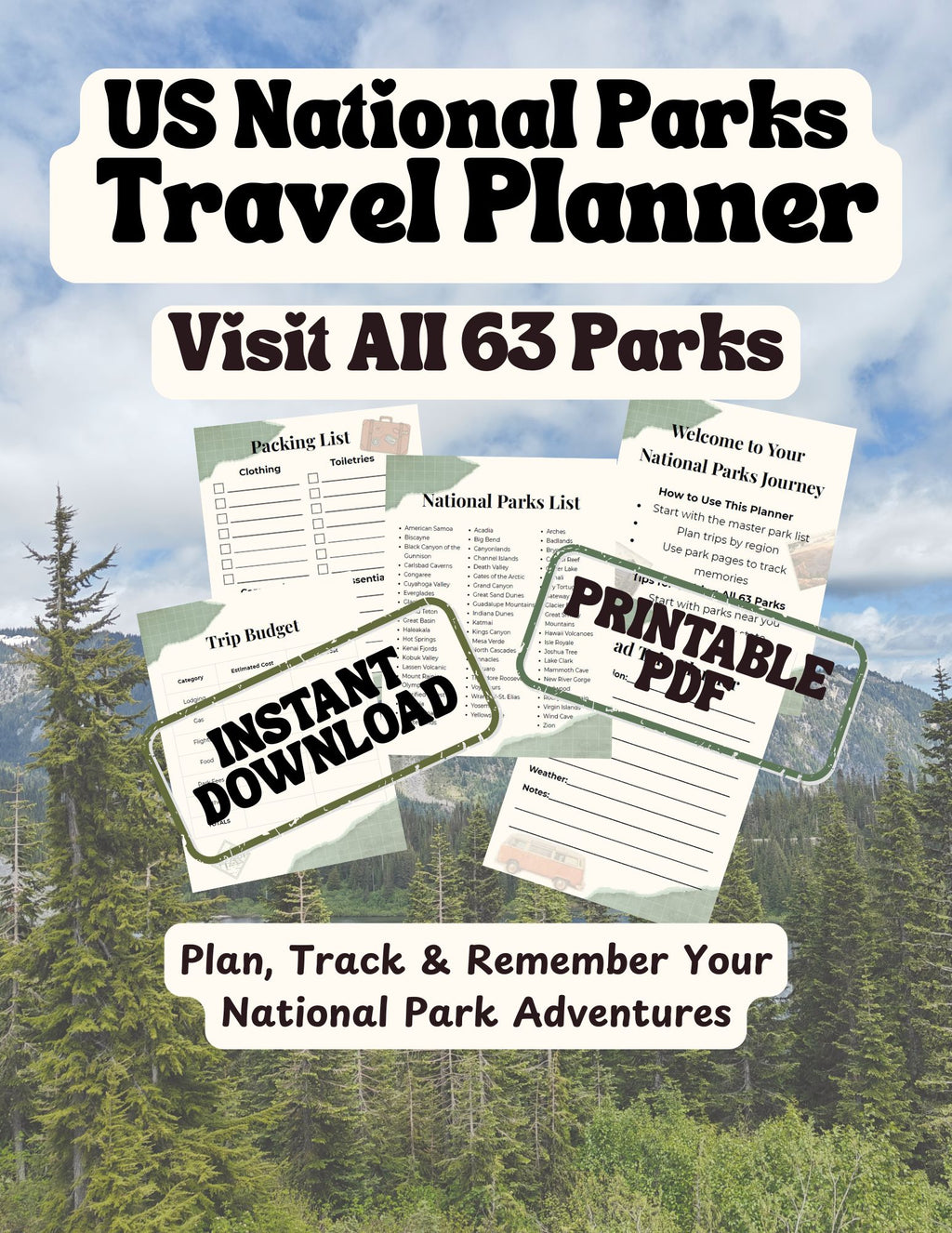 National Park Travel Planner | Visit All 63 U.S. National Parks | Printable PDF Road Trip Journal