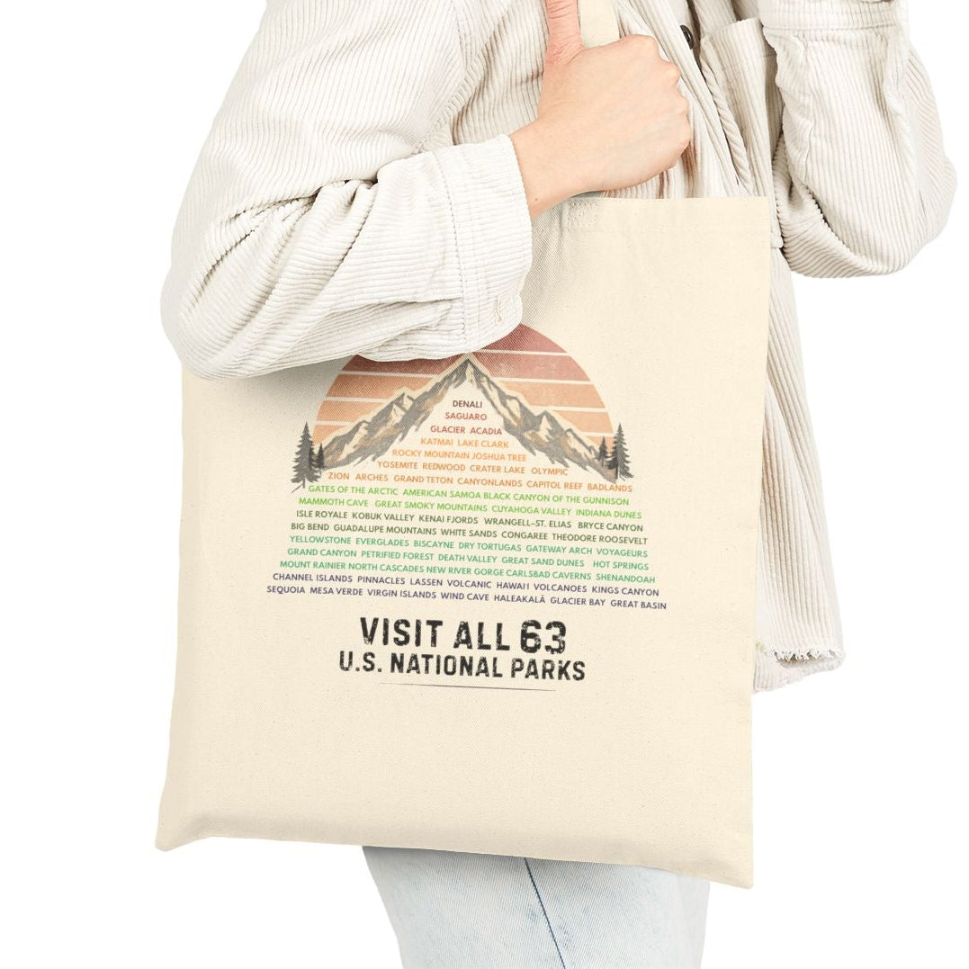 Visit All 63 U.S. National Parks Mountain Tote Bag | Canvas National Park Tote