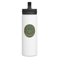 A white insulated water bottle with a black flip-top lid, featuring a circular Visit all 63 US National Park logo printed on the front.