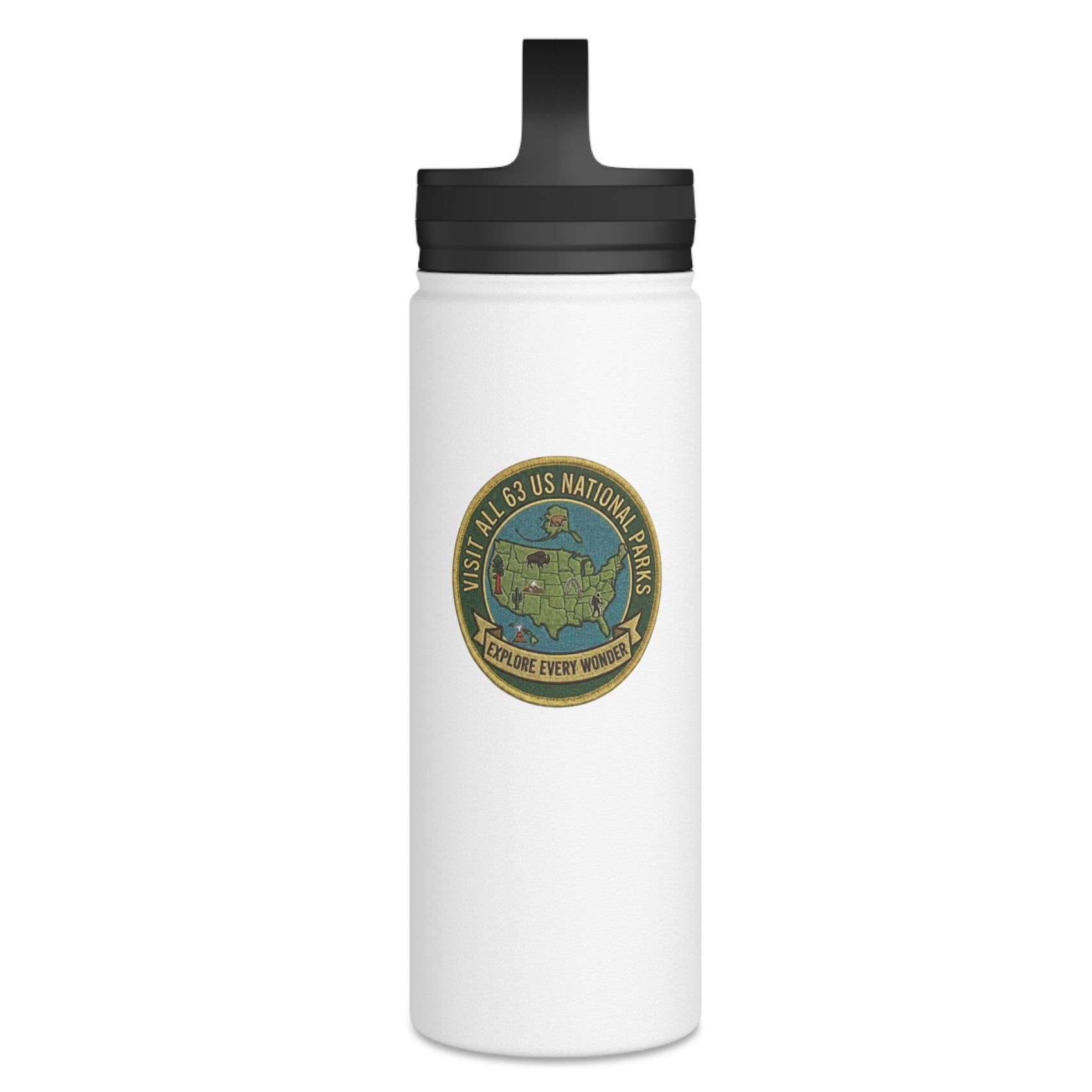 A white insulated water bottle with a black flip-top lid, featuring a circular Visit all 63 US National Park logo printed on the front.