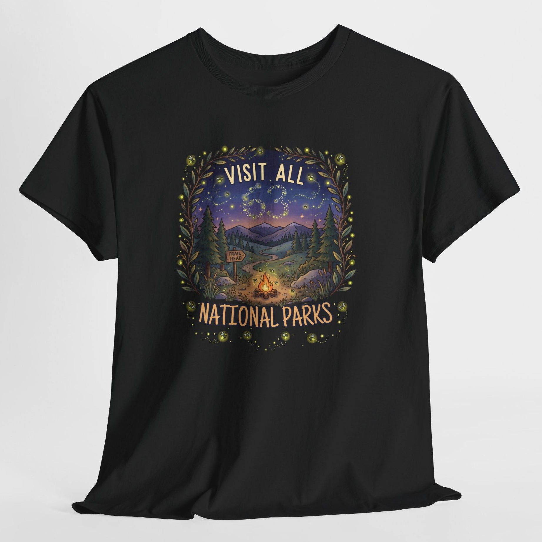 Black t-shirt with Visit all 63 National parks graphic and text 