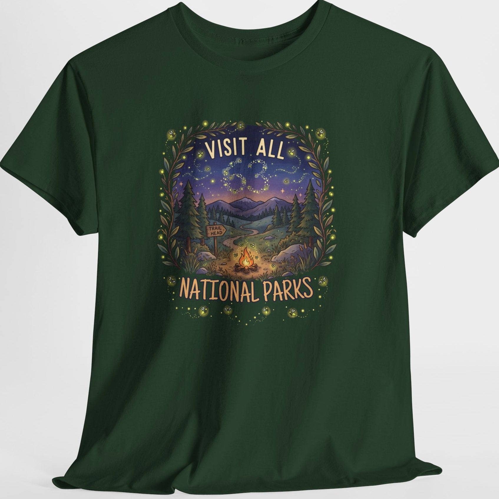 Visit All 63 U.S. National Parks Firefly T-Shirt | Campfire & Night Sky Nature Tee