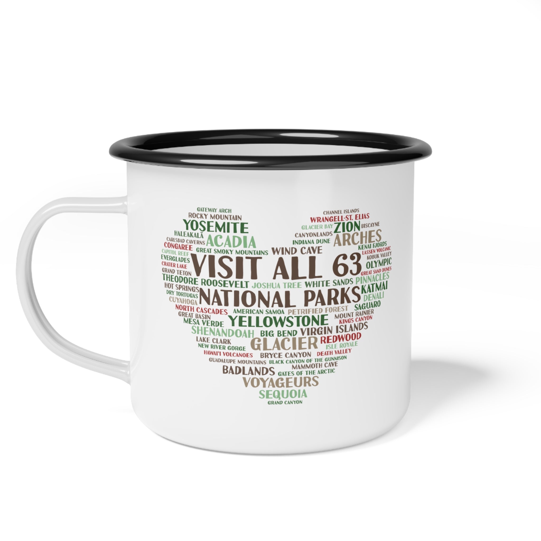 Visit All 63 U.S. National Parks Enamel Camp Mug | National Park Bucket List Coffee Cup