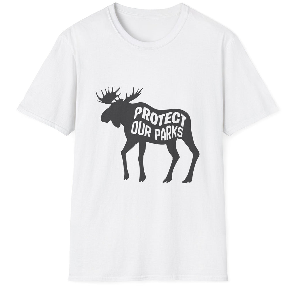 White t-shirt with black graphic and text 'Protect Our Parks' on a white background