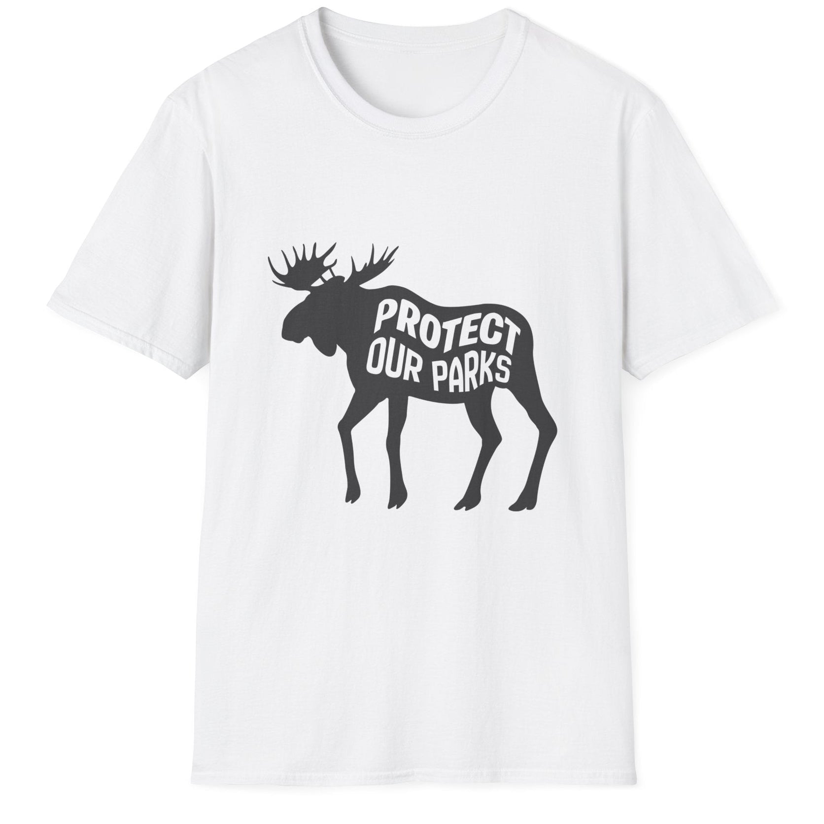 White t-shirt with black graphic and text 'Protect Our Parks' on a white background