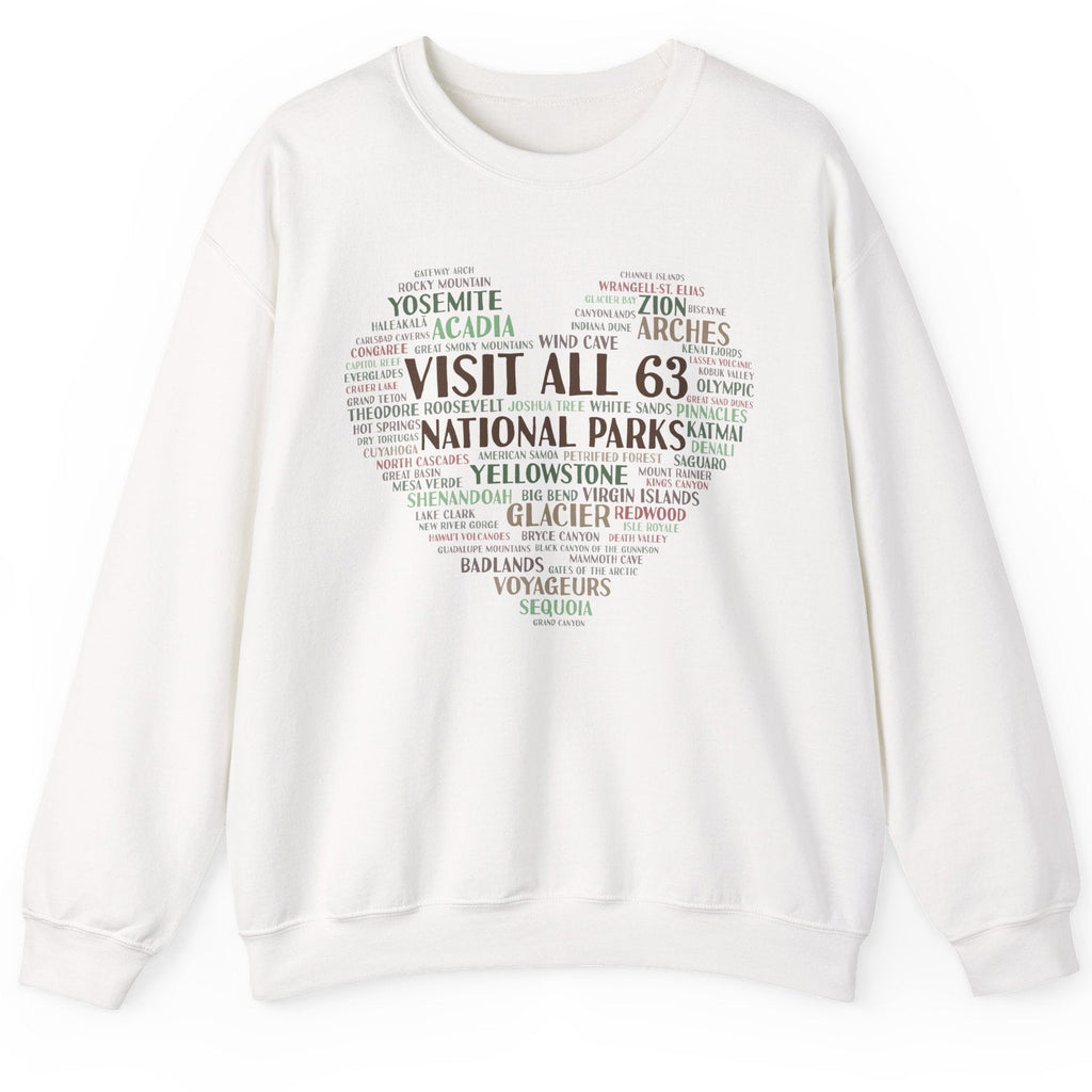Visit All 63 U.S. National Parks Heart Crewneck Sweatshirt | National Park Bucket List Pullover