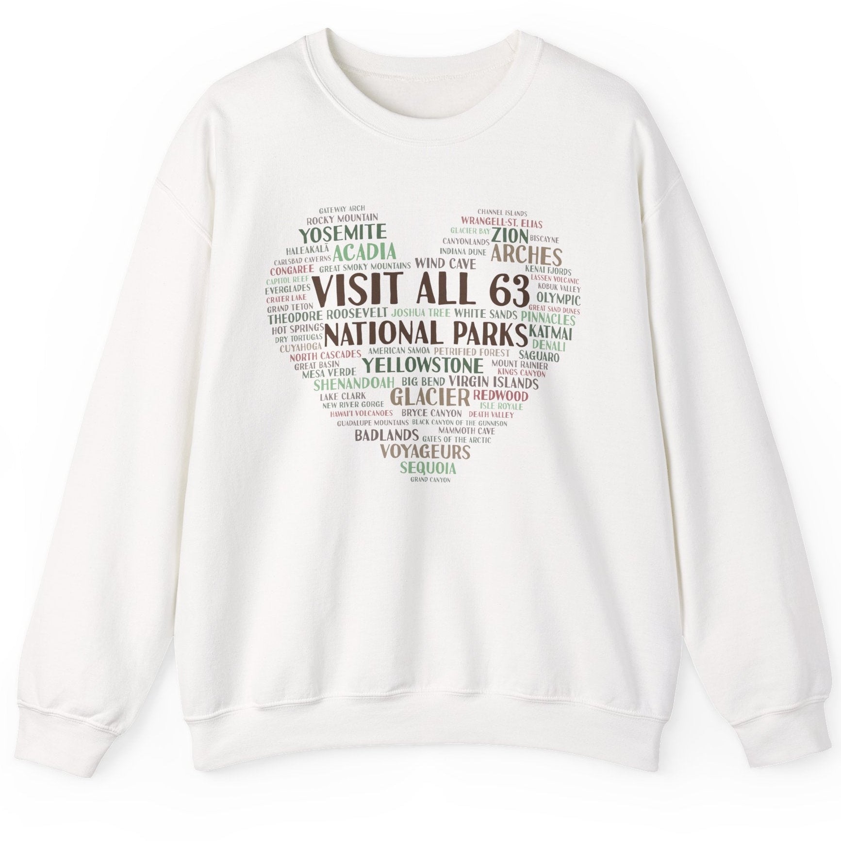 Visit All 63 U.S. National Parks Heart Crewneck Sweatshirt | National Park Bucket List Pullover