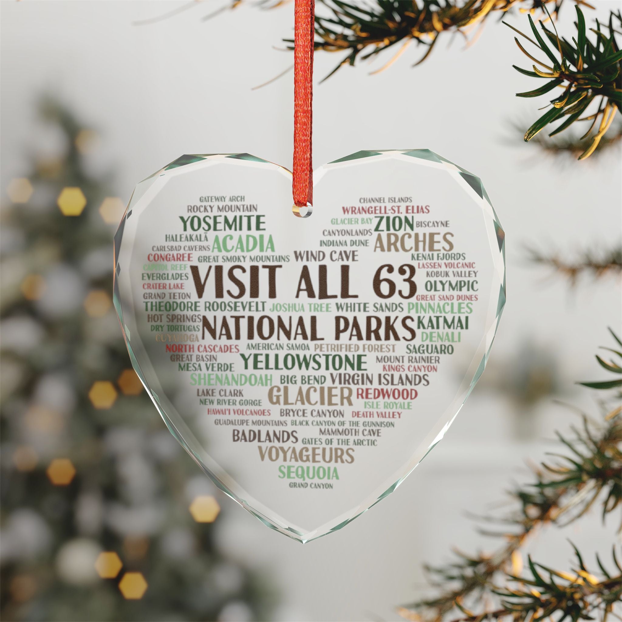 Visit All 63 U.S. National Parks Crystal Heart Ornament | National Park Christmas Gift