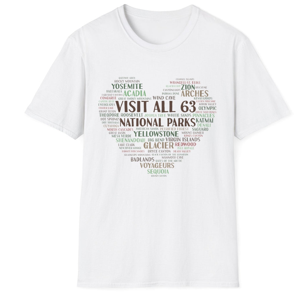 A white short-sleeve crewneck t-shirt featuring a heart-shaped word heart graphic on the chest with text related to National Parks and 'Visit All 63 National Parks'.