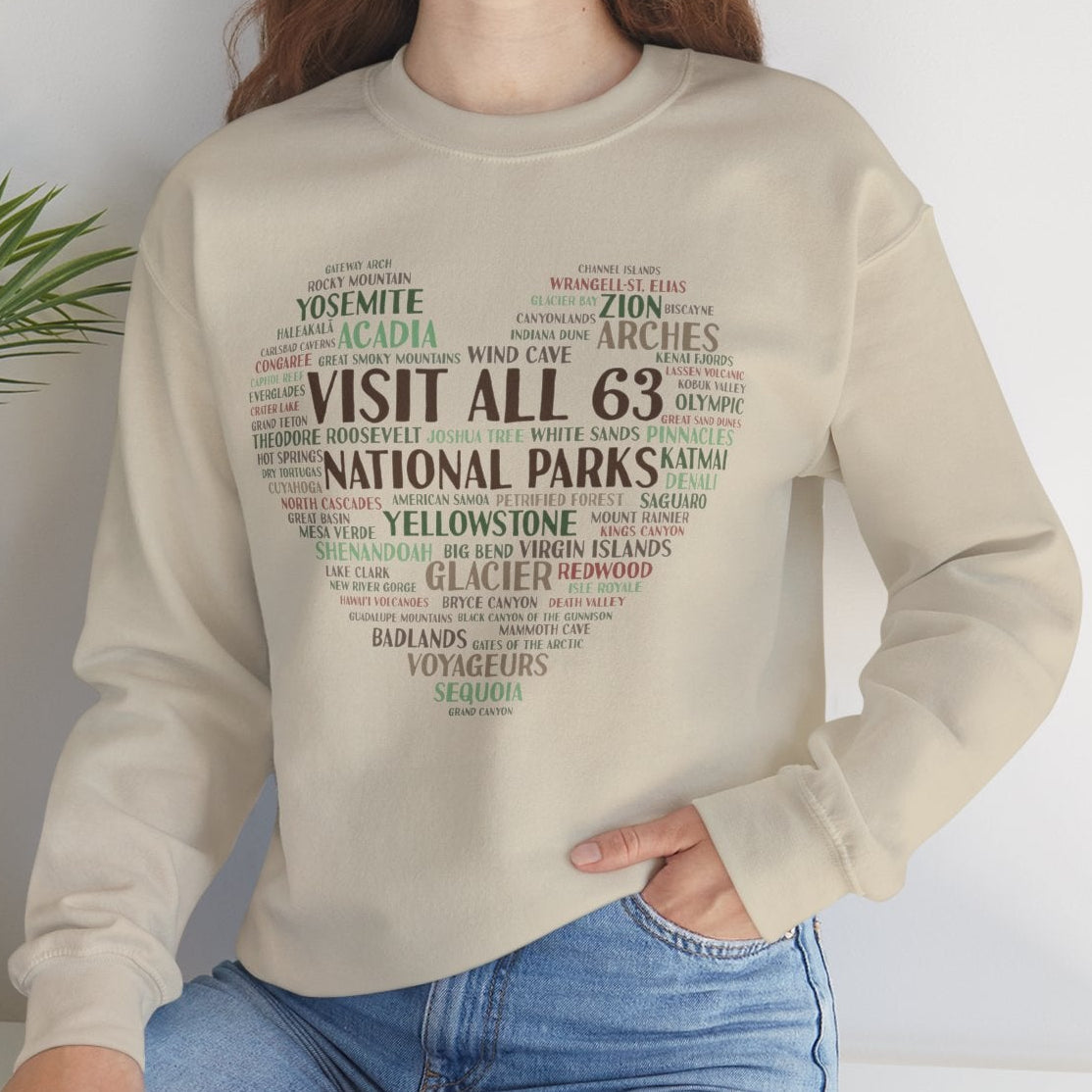 Visit All 63 U.S. National Parks Heart Crewneck Sweatshirt | National Park Bucket List Pullover