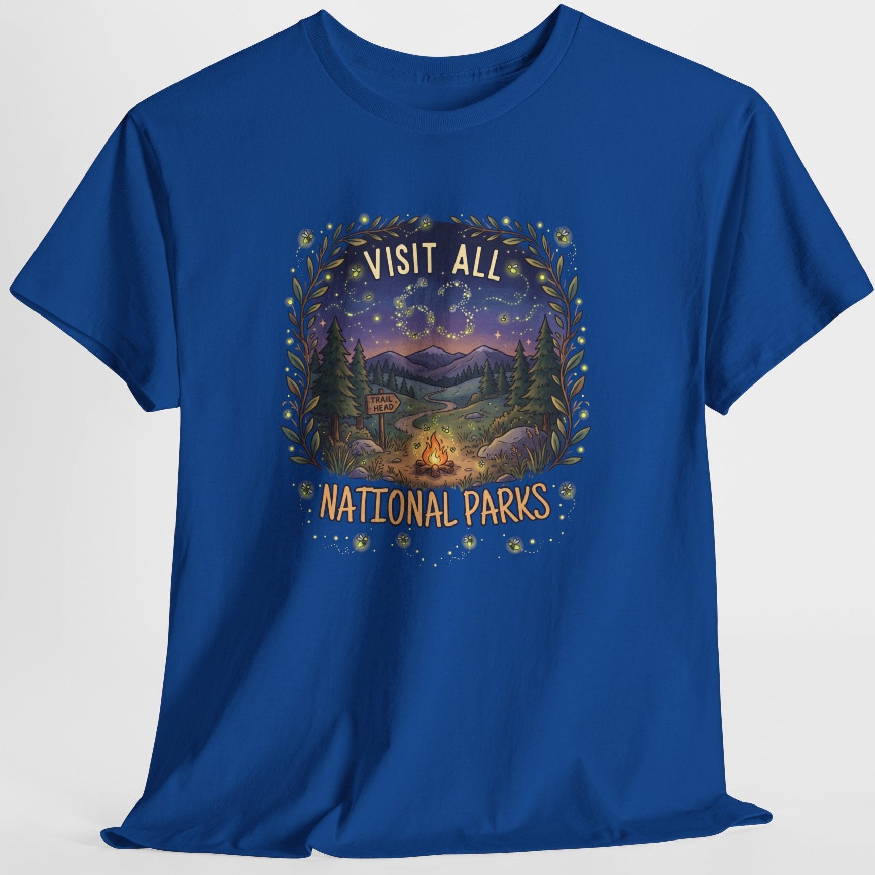 Visit All 63 U.S. National Parks Firefly T-Shirt | Campfire & Night Sky Nature Tee
