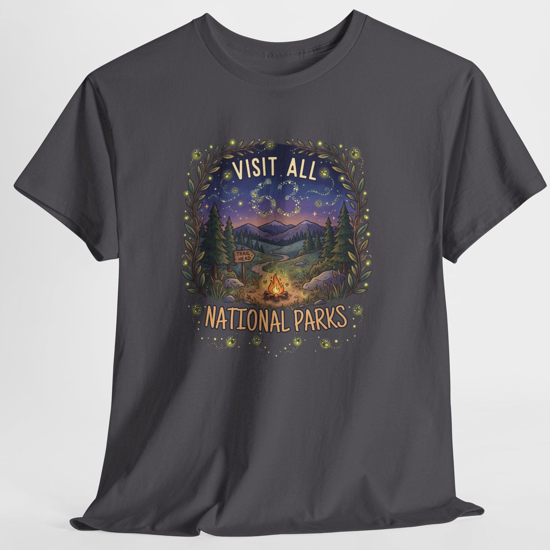 Visit All 63 U.S. National Parks Firefly T-Shirt | Campfire & Night Sky Nature Tee