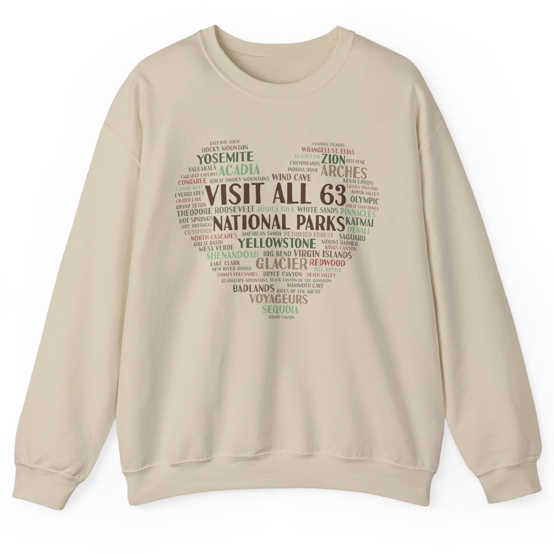 Visit All 63 U.S. National Parks Heart Crewneck Sweatshirt | National Park Bucket List Pullover