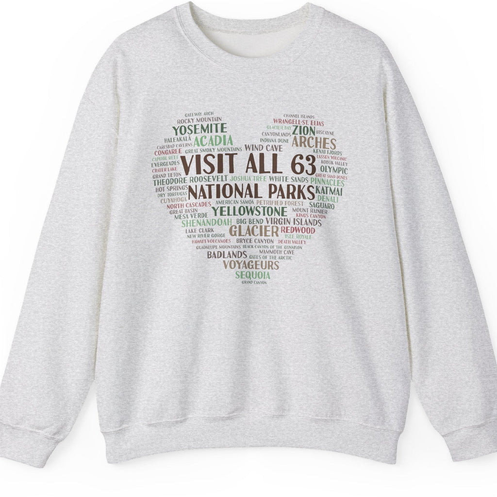 Visit All 63 U.S. National Parks Heart Crewneck Sweatshirt | National Park Bucket List Pullover