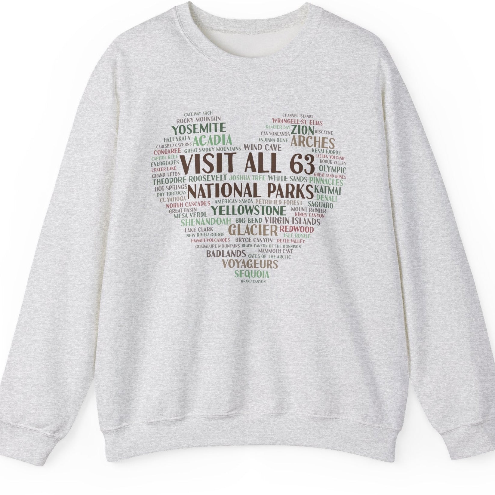 Visit All 63 U.S. National Parks Heart Crewneck Sweatshirt | National Park Bucket List Pullover