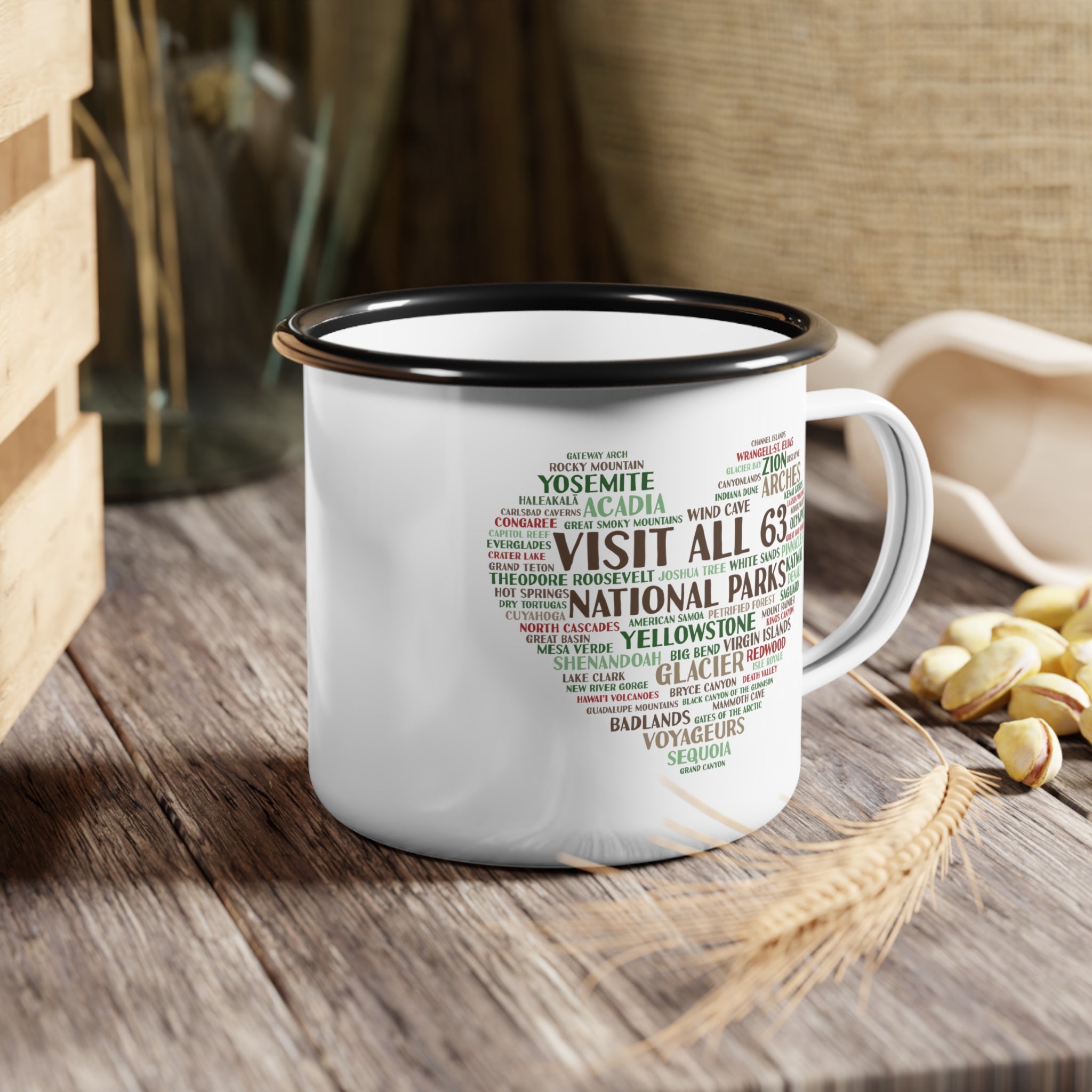 Visit All 63 U.S. National Parks Enamel Camp Mug | National Park Bucket List Coffee Cup