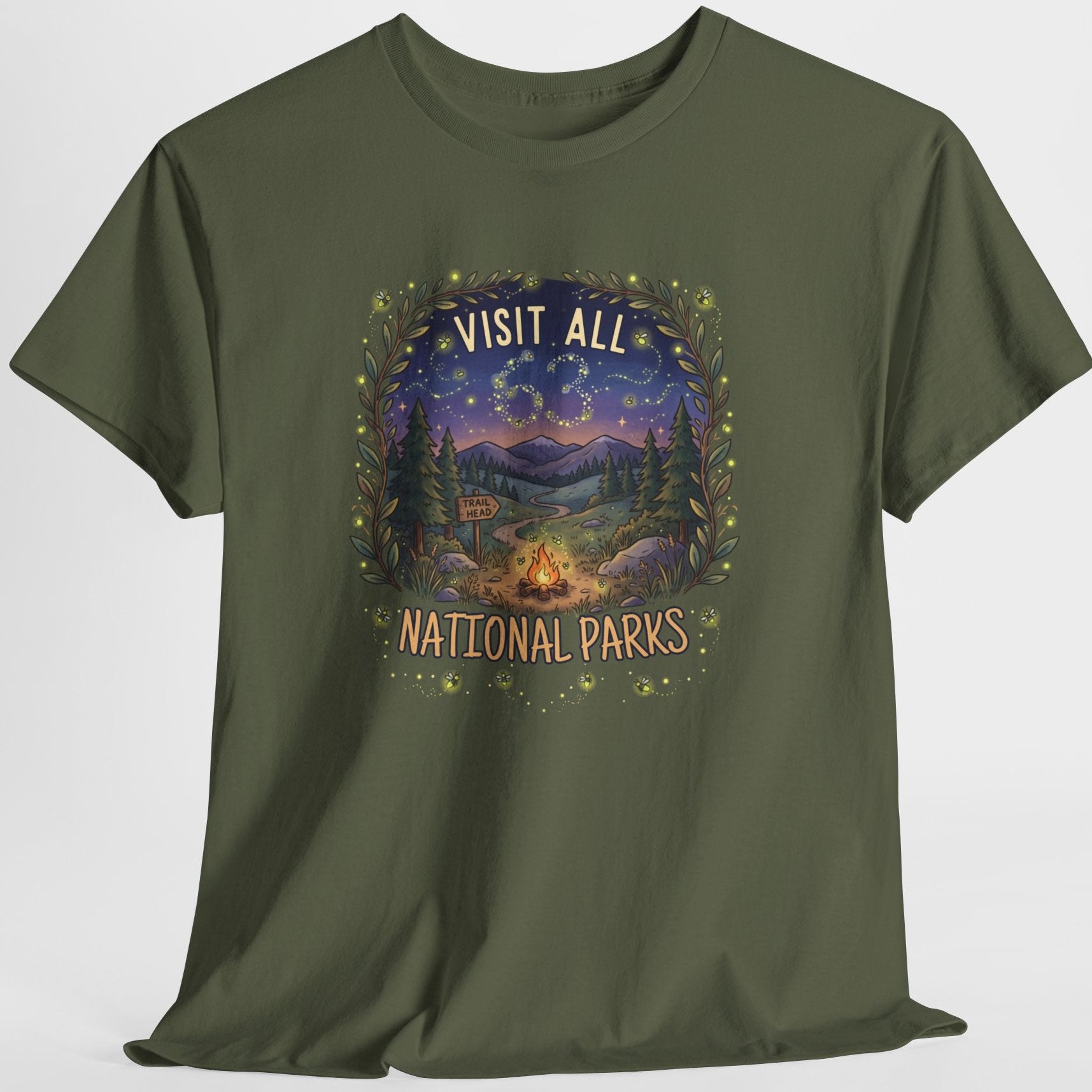 Visit All 63 U.S. National Parks Firefly T-Shirt | Campfire & Night Sky Nature Tee