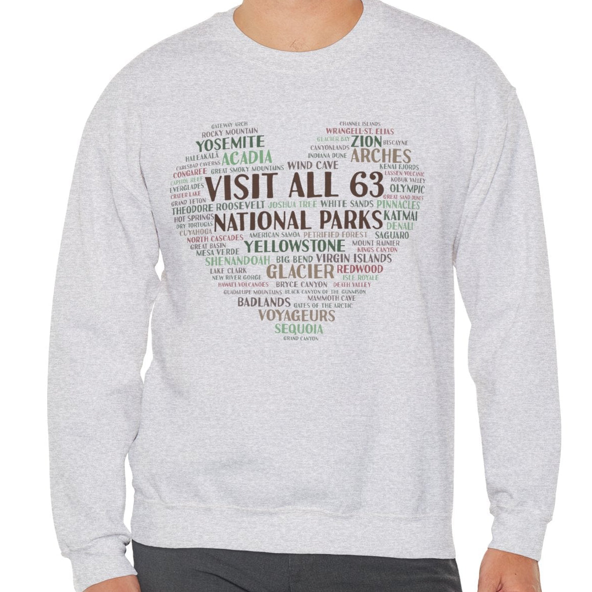Visit All 63 U.S. National Parks Heart Crewneck Sweatshirt | National Park Bucket List Pullover