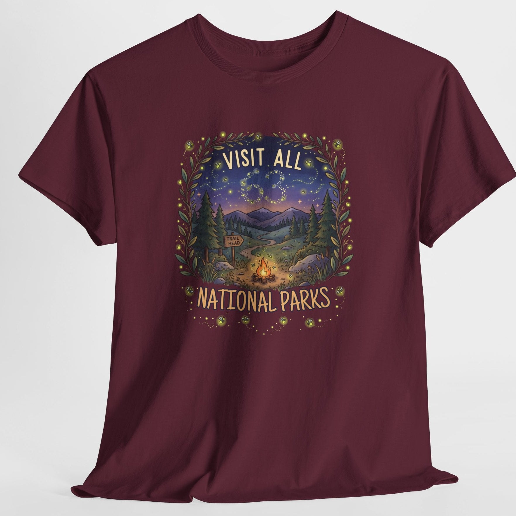 Visit All 63 U.S. National Parks Firefly T-Shirt | Campfire & Night Sky Nature Tee