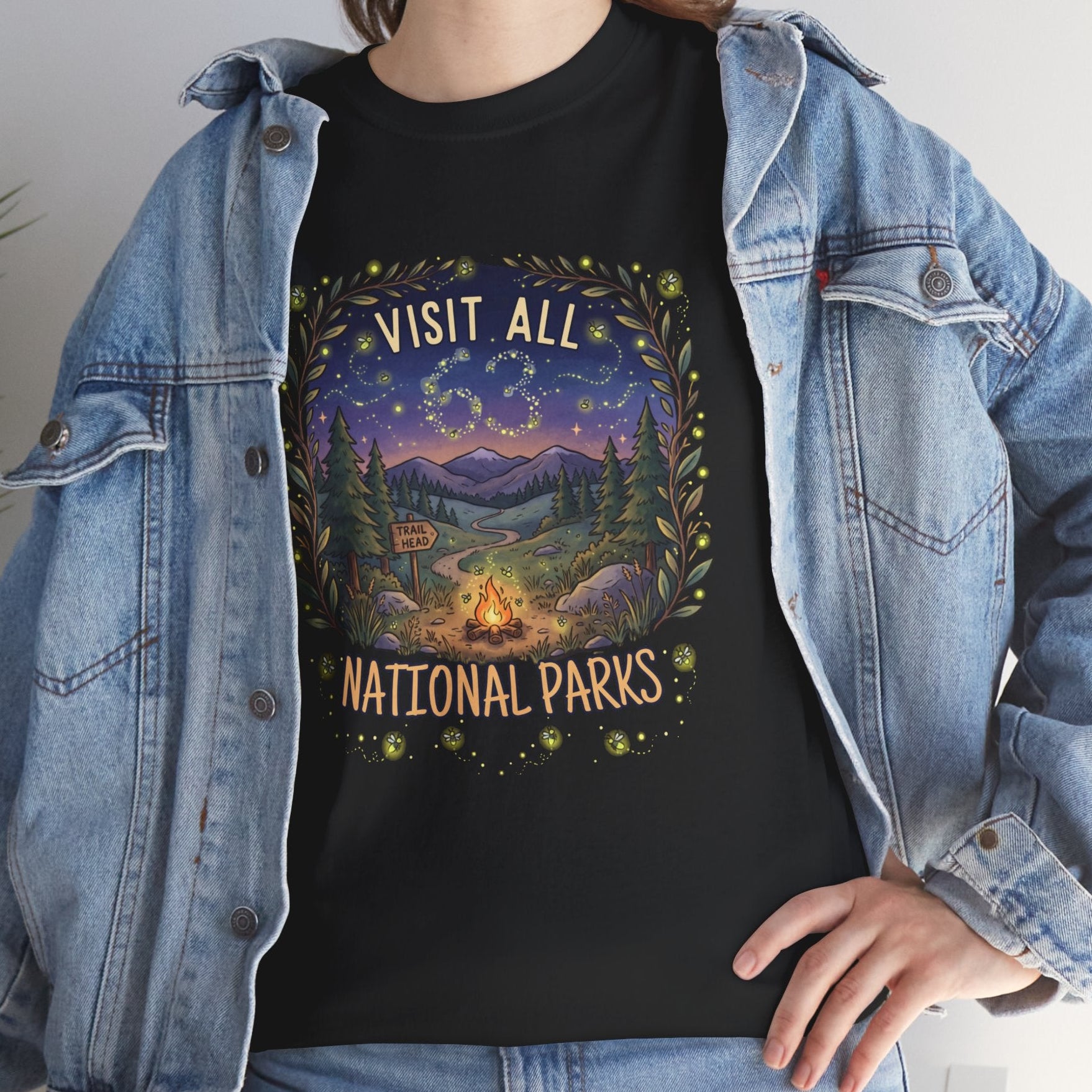 Visit All 63 U.S. National Parks Firefly T-Shirt | Campfire & Night Sky Nature Tee