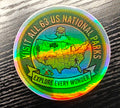 Visit All 63 U.S. National Parks holographic vinyl sticker featuring a map of the United States with National Park icons.