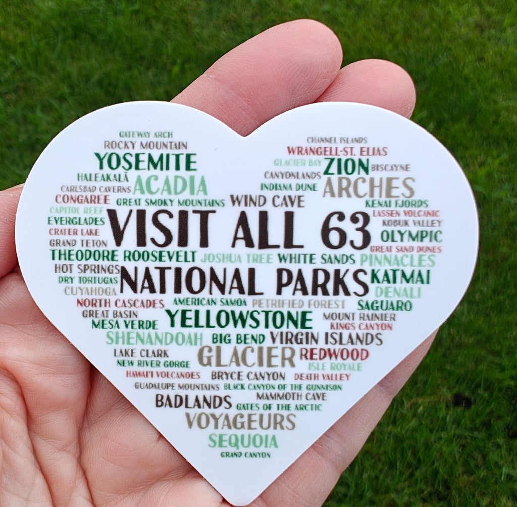 Visit All 63 U.S. National Parks Heart Vinyl Sticker | National Park Bucket List Decal